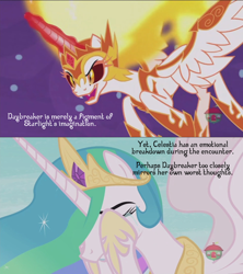 Size: 960x1080 | Tagged: safe, edit, edited screencap, screencap, daybreaker, princess celestia, alicorn, pony, a royal problem, crying, eyes closed, facehoof, fire, fridge horror, glare, magic, night, nightmare, sadism, shame, text, the truth hurts, theory