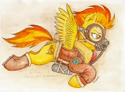 Size: 800x586 | Tagged: safe, artist:daisymane, derpibooru import, spitfire, pegasus, pony, bomber jacket, boots, clothes, female, flying, goggles, mare, mask, oxygen mask, solo, traditional art