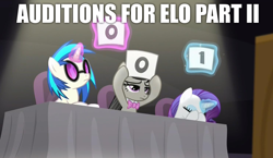 Size: 1486x863 | Tagged: safe, edit, edited screencap, screencap, dj pon-3, octavia melody, rarity, vinyl scratch, earth pony, pony, unicorn, bloom and gloom, audition, auditions, electric light orchestra, elo, elo part 2, elo part ii, female, image macro, meme, music, music reference, the orchestra