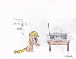 Size: 6600x5100 | Tagged: safe, artist:endlesswire94, applejack, earth pony, pony, absurd resolution, bill cosby, filly, parody, radio, the lone ranger, traditional art