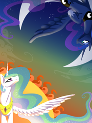 Size: 1440x1920 | Tagged: safe, artist:gblackwolf, princess celestia, princess luna, alicorn, pony, looking at each other, moon, royal sisters, stars, sun, twilight (astronomy), yin-yang