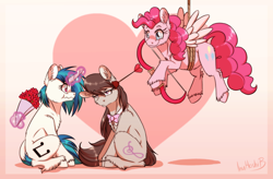 Size: 1024x671 | Tagged: safe, artist:inuhoshi-to-darkpen, dj pon-3, octavia melody, pinkie pie, vinyl scratch, earth pony, pony, unicorn, arrow, bouquet, bow, bowtie, cupid, fake wings, female, flower, lesbian, magic, mare, octavia is not amused, rope, scratchtavia, shipping, smiling, telekinesis, unamused, unshorn fetlocks, valentine's day, wavy mouth