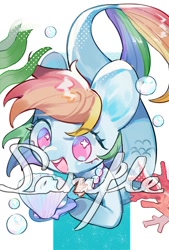 Size: 500x740 | Tagged: safe, artist:kura, derpibooru import, rainbow dash, merpony, pegasus, pony, bubble, coral, cute, dashabetes, female, jewelry, necklace, no pupils, obtrusive watermark, open mouth, pearl necklace, seashell, seashell necklace, seaweed, solo, underwater, watermark
