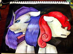 Size: 1280x956 | Tagged: safe, artist:ferrettea, rarity, sweetie belle, pony, unicorn, angry, painting, sadistic rarity, sadistic sweetie belle, traditional art