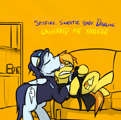 Size: 800x789 | Tagged: safe, artist:captainhoers, derpibooru import, soarin', spitfire, pegasus, pony, bathrobe, clothes, controller, cute, dialogue, eyes closed, female, firestarter spitfire, goggles, hug, joystick, male, mare, robe, shipping, soarinfire, sofa, stallion, straight