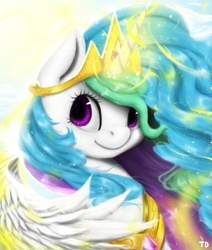 Size: 813x960 | Tagged: safe, artist:moondreamer16, princess celestia, alicorn, pony, crown, cute, cutelestia, female, glowing horn, jewelry, mare, regalia, smiling, solo