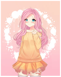 Size: 1280x1614 | Tagged: safe, artist:usagichannya01, fluttershy, human, anime, blushing, clothes, cute, cutie mark on human, female, heart, humanized, looking at you, off shoulder, shyabetes, skirt, socks, solo, sweater, sweatershy, thigh highs, zettai ryouiki
