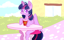 Size: 1024x645 | Tagged: safe, artist:nlckiminaj, derpibooru import, twilight sparkle, twilight sparkle (alicorn), alicorn, pony, blushing, cup, cute, female, mare, mcdonald's, product placement, solo, straw, table