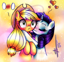 Size: 1200x1156 | Tagged: safe, artist:shikimaakemi, applejack, rarity, earth pony, pony, unicorn, :<, abstract background, blushing, cute, eyes closed, featured on derpibooru, female, get, heart, hug, jackabetes, lesbian, nuzzling, raribetes, rarijack, shipping, smiling, watermark, wide eyes