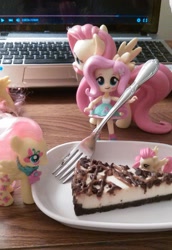 Size: 1439x2097 | Tagged: safe, fluttershy, equestria girls, cake, cheesecake, clothes, doll, equestria girls minis, eqventures of the minis, figure, food, fork, funko, hearts and hooves day, irl, multeity, photo, skirt, so much flutter, tanktop, toy, valentine's day, waifu, waifu date, waifu dinner
