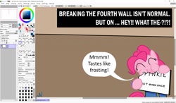 Size: 1280x747 | Tagged: safe, artist:nuka-kitty, pinkie pie, earth pony, pony, breaking the fourth wall, calibri, crossover, drugs, fallout, fourth wall, funny, nom, not even once, paint tool sai, vault suit, windows, windows 10