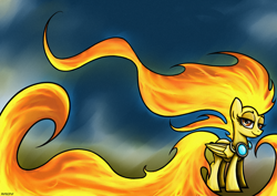 Size: 1754x1240 | Tagged: safe, artist:rambopvp, derpibooru import, spitfire, pony, bedroom eyes, fire, looking at you, mane of fire, smiling, solo, spitfiery, tail of fire