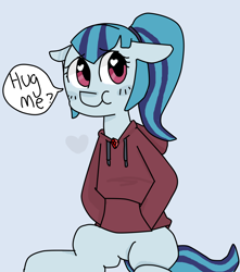 Size: 2370x2681 | Tagged: safe, artist:meowing-ghost, sonata dusk, earth pony, pony, equestria girls, rainbow rocks, :t, blushing, bronybait, clothes, cute, female, floppy ears, heart, heart eyes, hoodie, hug, hug request, looking at you, mare, ponytail, sitting, smiling, solo, sonatabetes