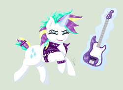 Size: 5016x3680 | Tagged: safe, artist:tanta26, rarity, pony, unicorn, alternate hairstyle, clothes, female, fender precision bass, guitar, guitarity, jacket, mare, punk, raripunk, smiling, solo