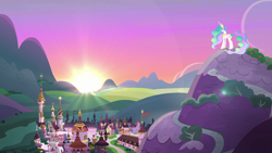 Size: 1920x1080 | Tagged: safe, screencap, princess celestia, alicorn, pony, celestial advice, canterlot, canterlot castle, female, mare, scenery, scenery porn, solo, sun, sunset