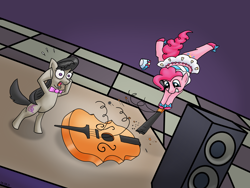 Size: 1600x1200 | Tagged: safe, artist:slagmalsklubben, octavia melody, pinkie pie, earth pony, pony, the best night ever, broken, cello, clothes, dress, gala dress, musical instrument, now you fucked up, this will end in pain