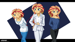 Size: 2560x1440 | Tagged: safe, artist:ngrycritic, sunset shimmer, human, equestria girls, alternate costumes, arm behind back, bare shoulders, bent over, clothes, female, hands behind back, high res, looking at you, one eye closed, pants, solo, style emulation, suit, uotapo-ish, wink