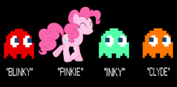 Size: 900x445 | Tagged: safe, pinkie pie, earth pony, pony, blinky, clyde, crossover, inky, namesake, pac-man, pinky, pun