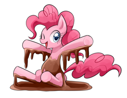 Size: 1682x1300 | Tagged: safe, artist:ryuu, pinkie pie, earth pony, pony, chocolate, cute, diapinkes, food, looking at you, melted, solo