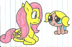 Size: 778x512 | Tagged: safe, artist:cmara, fluttershy, bubbles (powerpuff girls), crossover, lined paper, the powerpuff girls, traditional art