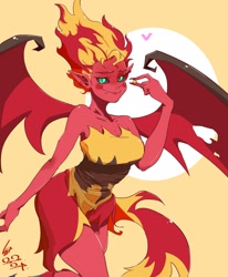 Size: 1888x2288 | Tagged: safe, artist:sozglitch, sunset satan, sunset shimmer, demon, equestria girls, black sclera, blushing, breasts, cleavage, clothes, dress, elf ears, fangs, long nails, smiling, solo, wings