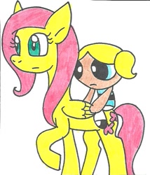 Size: 551x645 | Tagged: safe, artist:cmara, fluttershy, human, pegasus, pony, bubbles (powerpuff girls), colored pencil drawing, crossover, duo, female, humans riding ponies, mare, riding, the powerpuff girls, traditional art