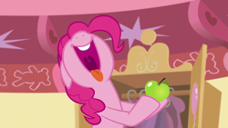 Size: 1280x720 | Tagged: safe, screencap, pinkie pie, earth pony, pony, the one where pinkie pie knows, apple, food, nose in the air, open mouth, solo, volumetric mouth