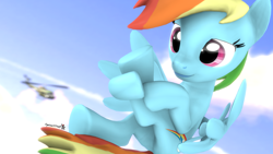 Size: 1920x1080 | Tagged: safe, artist:spinostud, derpibooru import, rainbow dash, pegasus, pony, 3d, female, flying, mare, sky, solo, source filmmaker