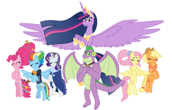 Size: 1117x715 | Tagged: safe, artist:alexeigribanov, derpibooru import, applejack, fluttershy, pinkie pie, princess twilight 2.0, rainbow dash, rarity, spike, twilight sparkle, twilight sparkle (alicorn), alicorn, dragon, earth pony, pegasus, pony, unicorn, the last problem, female, gigachad spike, male, mane seven, mane six, mare, older, older applejack, older fluttershy, older mane seven, older mane six, older pinkie pie, older rainbow dash, older rarity, older spike, older twilight, simple background, transparent background, winged spike