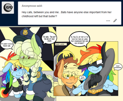 Size: 3125x2572 | Tagged: safe, artist:blackbewhite2k7, derpibooru import, applejack, granny smith, rainbow dash, earth pony, pegasus, pony, ask, bat signal, batman, comic, commissioner gordon, crossover, crying, flashback, police uniform, tumblr, younger