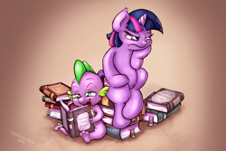 Size: 2250x1500 | Tagged: safe, artist:tadashi--kun, derpibooru import, spike, twilight sparkle, dragon, belly button, book, bookworm