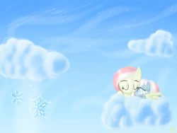Size: 2000x1500 | Tagged: safe, artist:skorpionletun, derpibooru import, oc, oc only, oc:primrose, oc:snowdrop, cloud, cloudy, female, hug, mother and child, mother and daughter, parent and child, snow, snowfall, snuggling, wallpaper, winghug