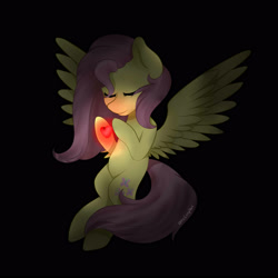 Size: 3000x3000 | Tagged: safe, artist:itsizzybel, fluttershy, pegasus, pony, black background, dark, eyes closed, glow, heart, holding, simple background, solo, spread wings, stray strand, wings