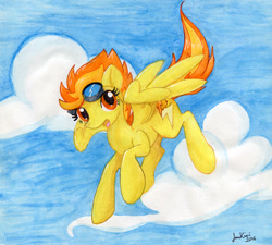 Size: 847x762 | Tagged: safe, artist:jenkiwi, derpibooru import, spitfire, pegasus, pony, cloud, female, flying, goggles, looking at you, mare, sky, solo, traditional art