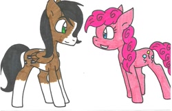 Size: 1037x667 | Tagged: safe, artist:cmara, pinkie pie, oc, oc:oliver oreo, earth pony, pony, traditional art