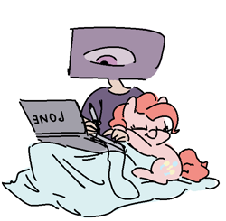 Size: 607x596 | Tagged: safe, artist:nobody, pinkie pie, oc, oc:nobby, human, blanket, computer, cuddling, cute, drawing, drawing tablet, laptop computer, snuggling, stylus