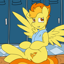 Size: 4104x4104 | Tagged: safe, artist:undercoverpone, derpibooru import, spitfire, pony, absurd resolution, female, locker room, mare, sitting, solo, towel, wonderbolts