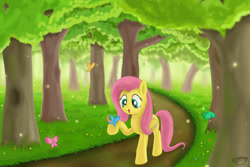 Size: 1024x683 | Tagged: safe, artist:emeraldgalaxy, fluttershy, butterfly, pegasus, pony, folded wings, forest, raised hoof, solo, standing