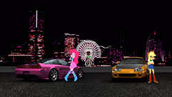 Size: 1920x1080 | Tagged: safe, artist:nsdrift, applejack, pinkie pie, equestria girls, acura, acura nsx, car, cutie mark, honda, honda nsx, jza80, toyota, toyota supra, wangan midnight