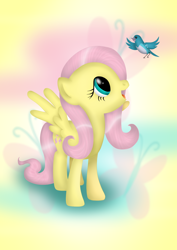 Size: 1190x1683 | Tagged: safe, artist:mlp-sugarsnap, fluttershy, bird, pegasus, pony, looking up, open mouth, solo, spread wings, standing