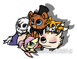 Size: 1024x782 | Tagged: safe, artist:fenneceethecabinkit, fluttershy, fox, pegasus, pony, crossover, five nights at freddy's, fran bow, freddy fazbear, miles "tails" prower, palontras, sonic the hedgehog (series), toriel, undertale