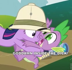 Size: 545x532 | Tagged: safe, derpibooru import, edit, edited screencap, screencap, spike, twilight sparkle, dragon, pony, unicorn, feeling pinkie keen, caption, cropped, female, hat, image macro, male, mare, meme, pewdiepie, pith helmet, reference, text, vulgar