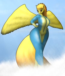 Size: 829x965 | Tagged: safe, artist:drakonst, derpibooru import, spitfire, anthro, big breasts, breasts, female, hand on hip, hips, huge breasts, smiling, solo, titfire