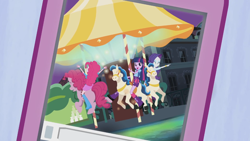 Size: 1366x768 | Tagged: safe, derpibooru import, screencap, pinkie pie, rarity, twilight sparkle, equestria girls, perfect day for fun, rainbow rocks, balloon, boots, bracelet, carousel, clothes, high heel boots, human ponidox, jewelry, skirt