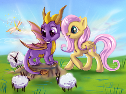 Size: 900x672 | Tagged: safe, artist:fur-kotka, fluttershy, dragonfly, pegasus, pony, sheep, crossover, duo, sparx, spyro the dragon, this will end in fire, this will end in tears, this will end in tears and/or death, tree stump