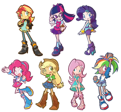 Size: 1300x1200 | Tagged: safe, artist:rvceric, applejack, fluttershy, pinkie pie, rainbow dash, rarity, sci-twi, sunset shimmer, twilight sparkle, human, equestria girls, boots, clothes, cowboy hat, cute, denim shorts, denim skirt, dress, female, hairband, hat, high heel boots, high heels, human coloration, humane five, humane seven, humane six, kotobukiya, kotobukiya rainbow dash, miniskirt, open mouth, pleated skirt, shoes, shorts, side slit, simple background, skirt, stetson, white background