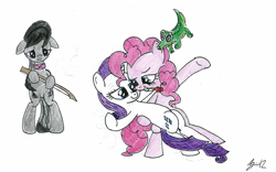 Size: 2643x1649 | Tagged: safe, artist:tallaferroxiv, gummy, octavia melody, pinkie pie, rarity, earth pony, pony, unicorn, female, floppy ears, lesbian, raripie, shipping, shipping denied