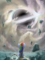 Size: 1536x2048 | Tagged: safe, artist:tinybenz, derpibooru import, rainbow dash, pegasus, pony, black hole, female, horizon signal, mare, scenery, science fiction, signature, solo, space helmet, spacesuit, stellaris, this will end in death