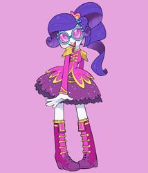 Size: 1201x1400 | Tagged: safe, artist:xenon, rarity, equestria girls, friendship through the ages, alternate hairstyle, ancient wonderbolts uniform, blushing, clothes, dress, female, glasses, open mouth, pink background, sgt. rarity, shoes, simple background, smiling, solo, sunglasses