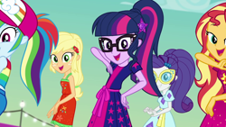 Size: 1280x720 | Tagged: safe, screencap, applejack, rainbow dash, rarity, sci-twi, sunset shimmer, twilight sparkle, better together, equestria girls, i'm on a yacht, cute, geode of telekinesis, magical geodes, sunglasses